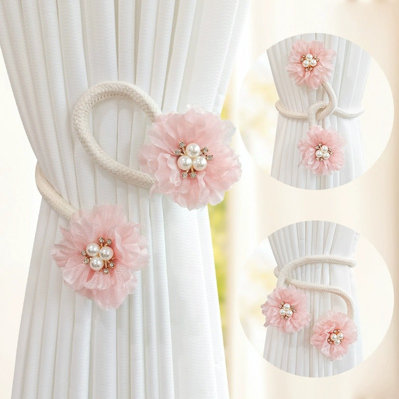 French Curtain Tiebacks with Faux Pearl Flowers Bendable Design Set of Two for Living Room Decor