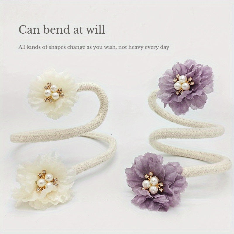 French Curtain Tiebacks with Faux Pearl Flowers Bendable Design Set of Two for Living Room Decor