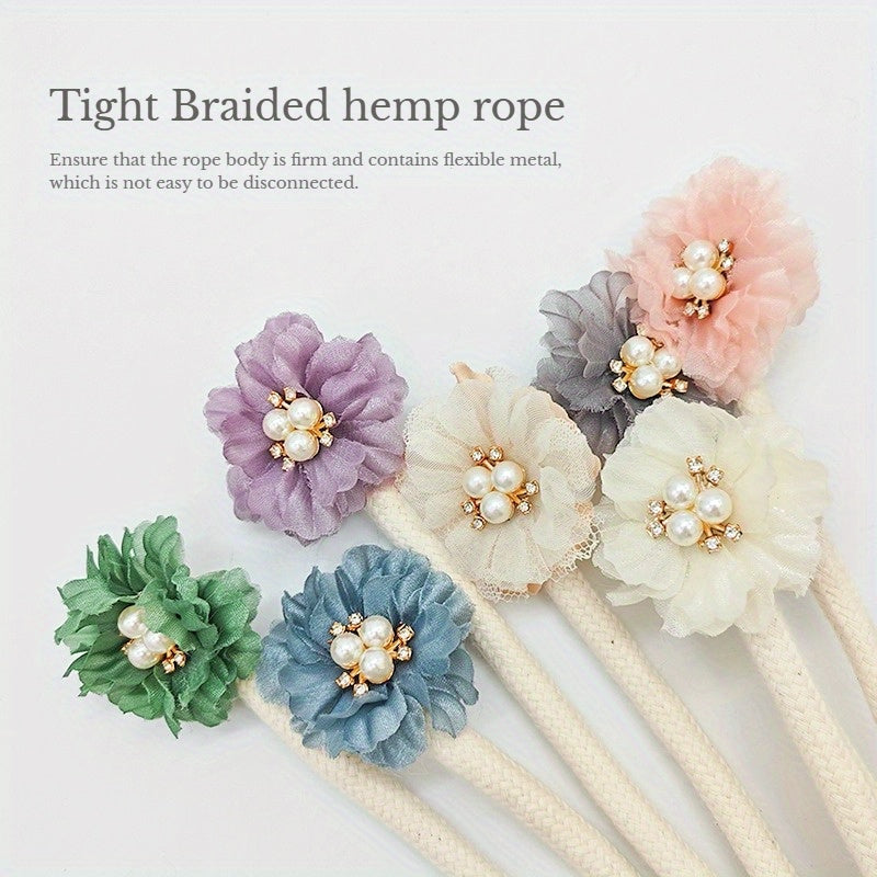 French Curtain Tiebacks with Faux Pearl Flowers Bendable Design Set of Two for Living Room Decor