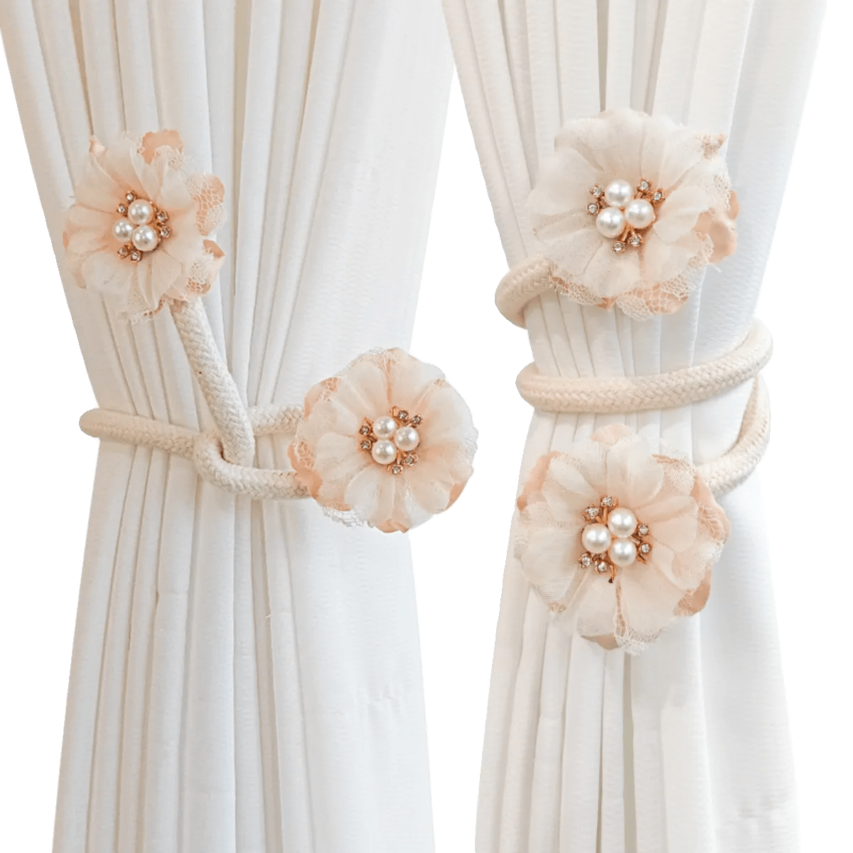 French Curtain Tiebacks with Faux Pearl Flowers Bendable Design Set of Two for Living Room Decor