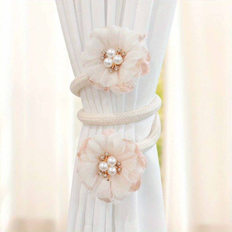 French Curtain Tiebacks with Faux Pearl Flowers Bendable Design Set of Two for Living Room Decor