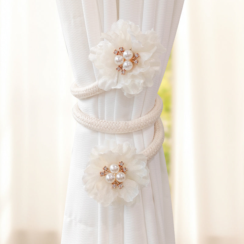 French Curtain Tiebacks with Faux Pearl Flowers Bendable Design Set of Two for Living Room Decor