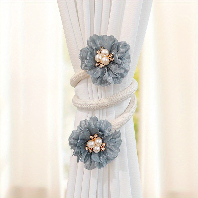 French Curtain Tiebacks with Faux Pearl Flowers Bendable Design Set of Two for Living Room Decor