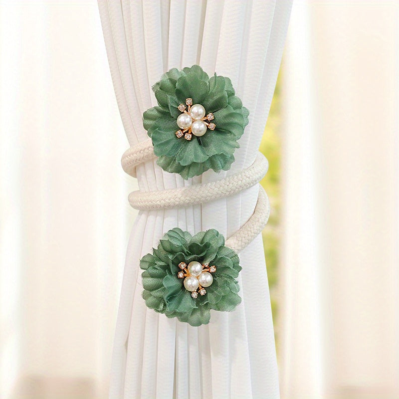 French Curtain Tiebacks with Faux Pearl Flowers Bendable Design Set of Two for Living Room Decor