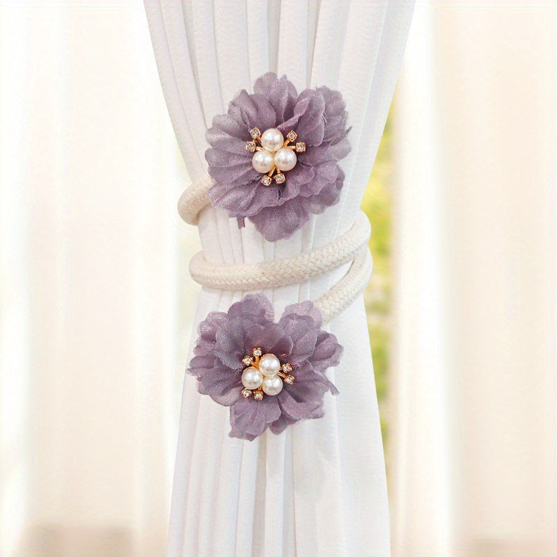 French Curtain Tiebacks with Faux Pearl Flowers Bendable Design Set of Two for Living Room Decor