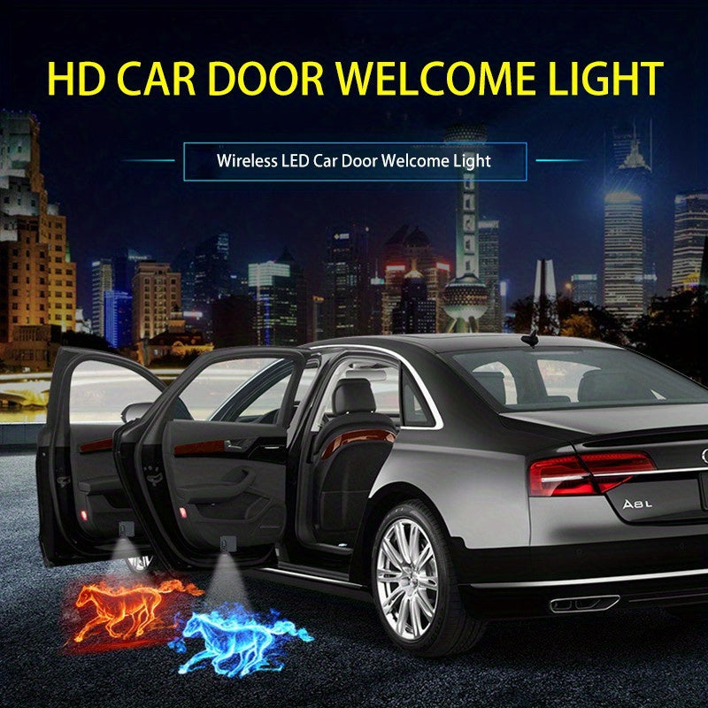 2pcs Wireless LED Car Door Projector Lights 3D Blue Fire Tiger Skull No-Drill Installation