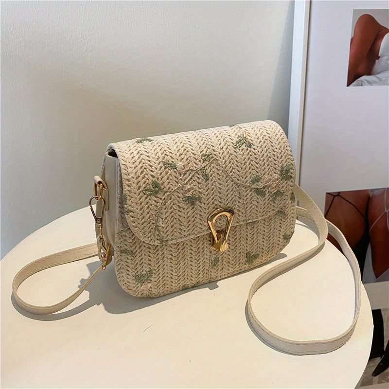 Women's Mini Straw Bag with Flower Lace Design Crossbody Turn Lock Closure