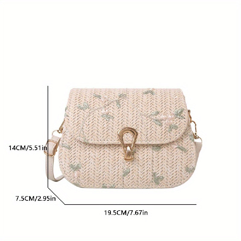 Women's Mini Straw Bag with Flower Lace Design Crossbody Turn Lock Closure