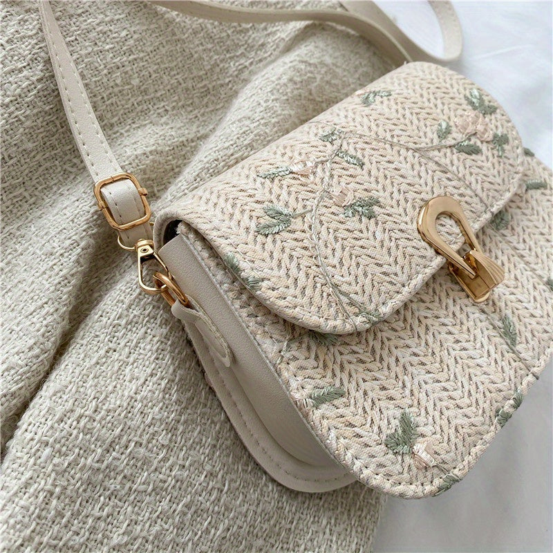 Women's Mini Straw Bag with Flower Lace Design Crossbody Turn Lock Closure