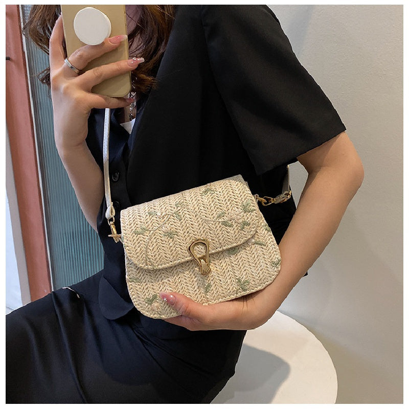 Women's Mini Straw Bag with Flower Lace Design Crossbody Turn Lock Closure