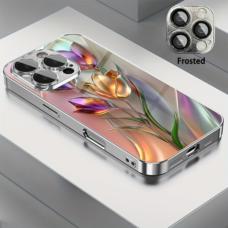 Funda de teléfono de vidrio con patrón de tulipán 3D colorido y protección para lente para modelos de iPhone, protección contra caídas, vidrio templado