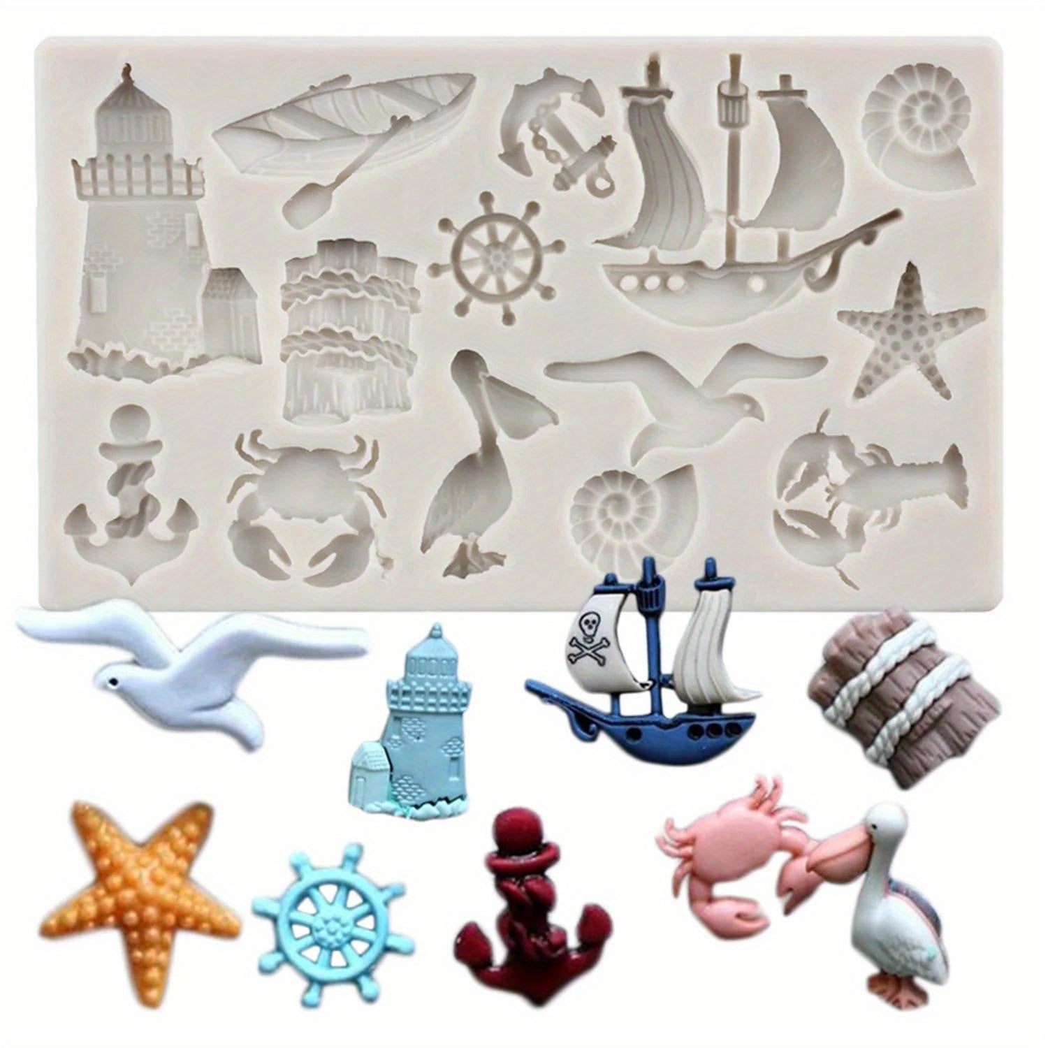 Silicone Mold Sailboat Anchor Birds Sea Animal Cupcake Toppers Fondant Decorations