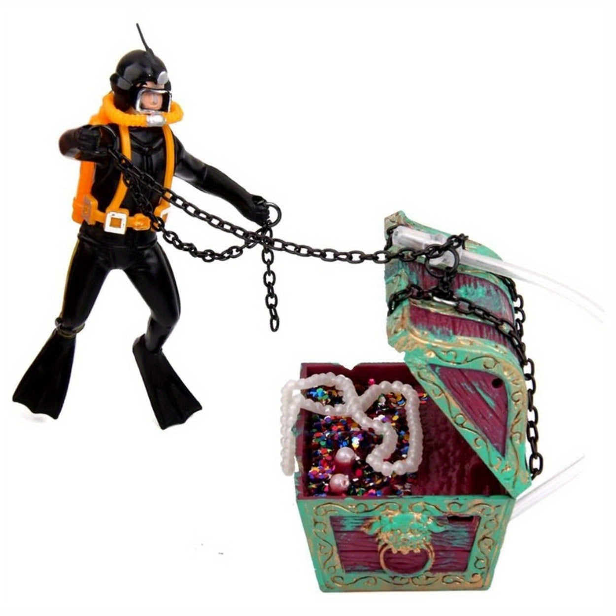 Aquarium Treasure Chest Diver Ornament with Air Bubbler Fish Tank Decor