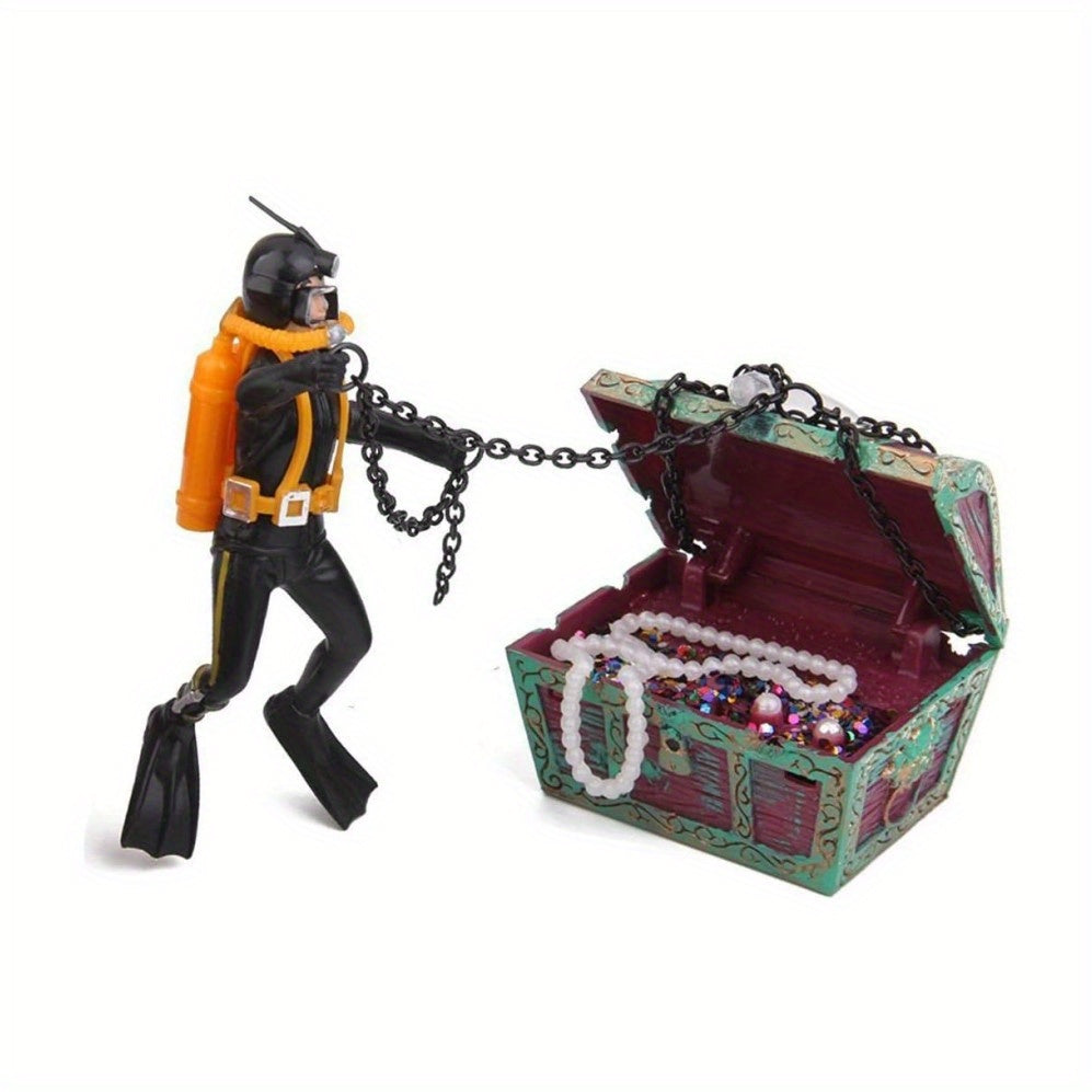 Aquarium Treasure Chest Diver Ornament with Air Bubbler Fish Tank Decor