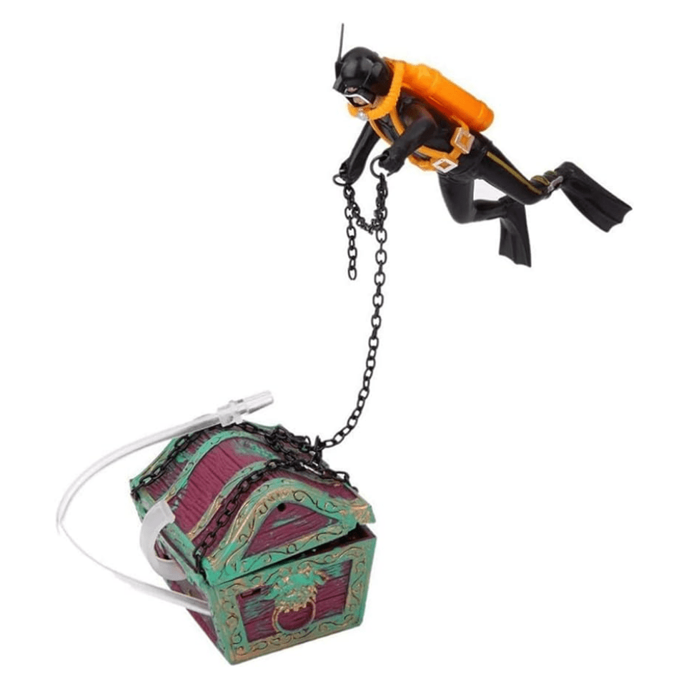 Aquarium Treasure Chest Diver Ornament with Air Bubbler Fish Tank Decor