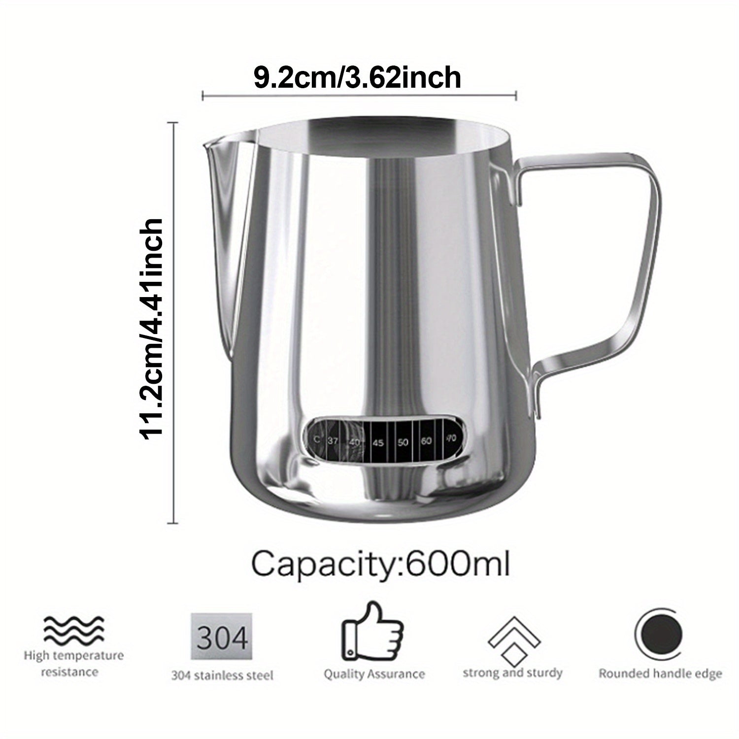 600ml zanglamaydigan po'latdan yasalgan sut ko'paytiruvchi quvur, termometr bilan, Kofe san'ati uchun