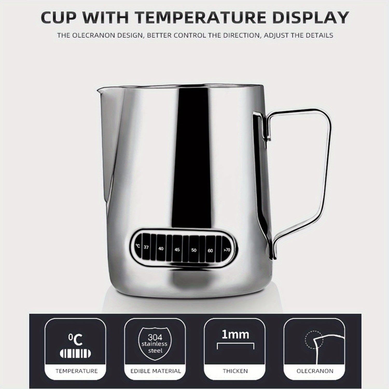 600ml Stainless Steel Milk Frothing Pitcher with Thermometer for Coffee Art