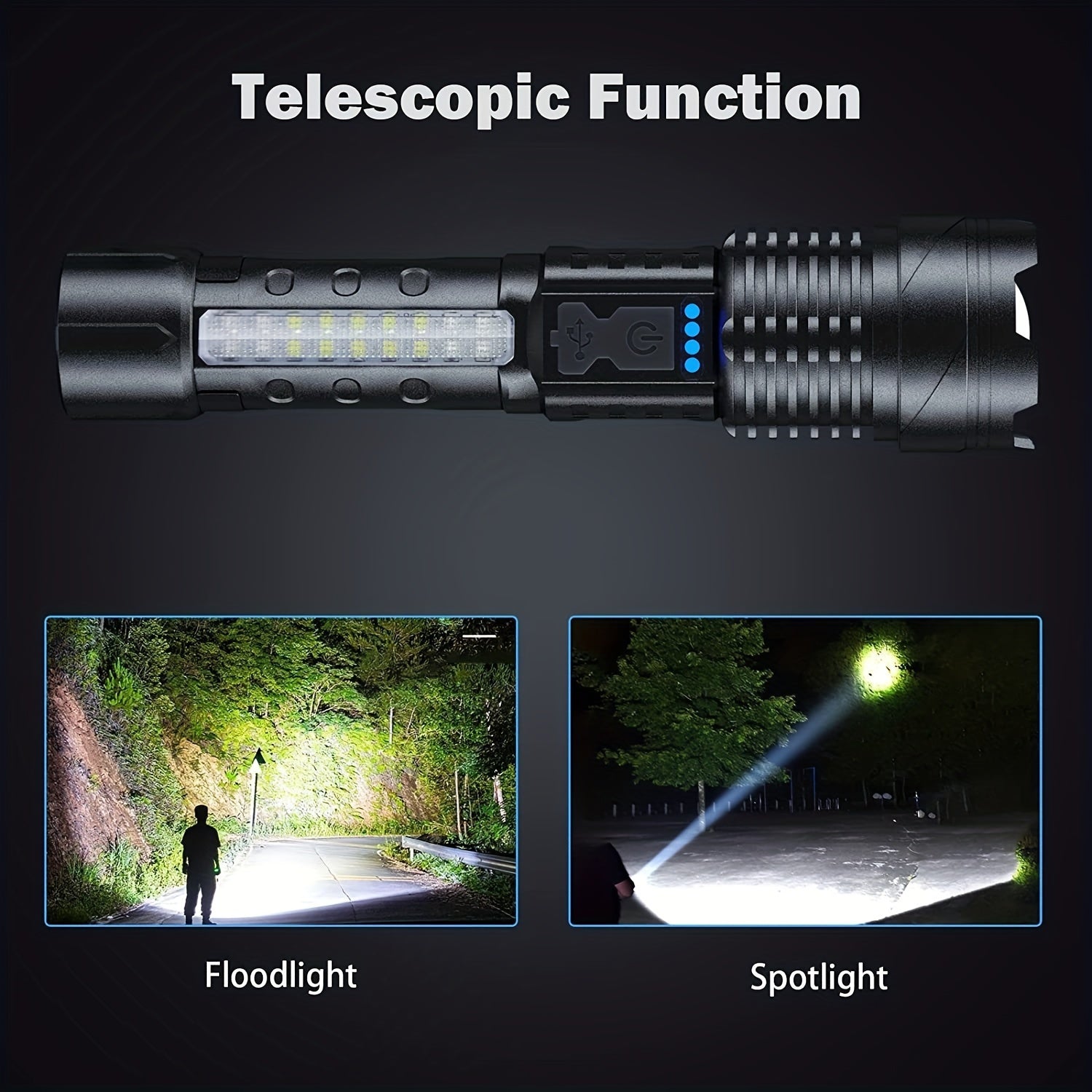 Rechargeable Torch Flood Light with Side Lights 1500mAh Lithium Battery Waterproof Outdoor Emergency Camping Hiking
