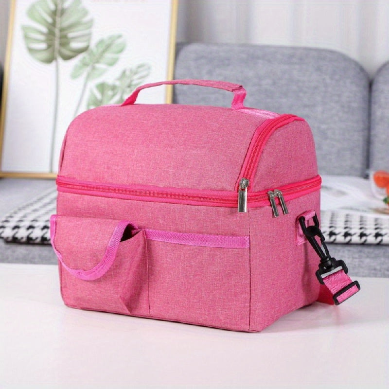 Insulated Double-Layer Lunch Bag with Bottle Compartment Leakproof Zipper