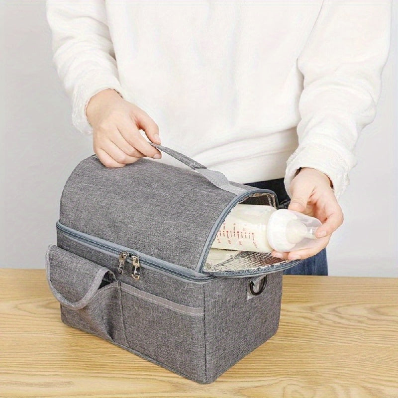 Insulated Double-Layer Lunch Bag with Bottle Compartment Leakproof Zipper