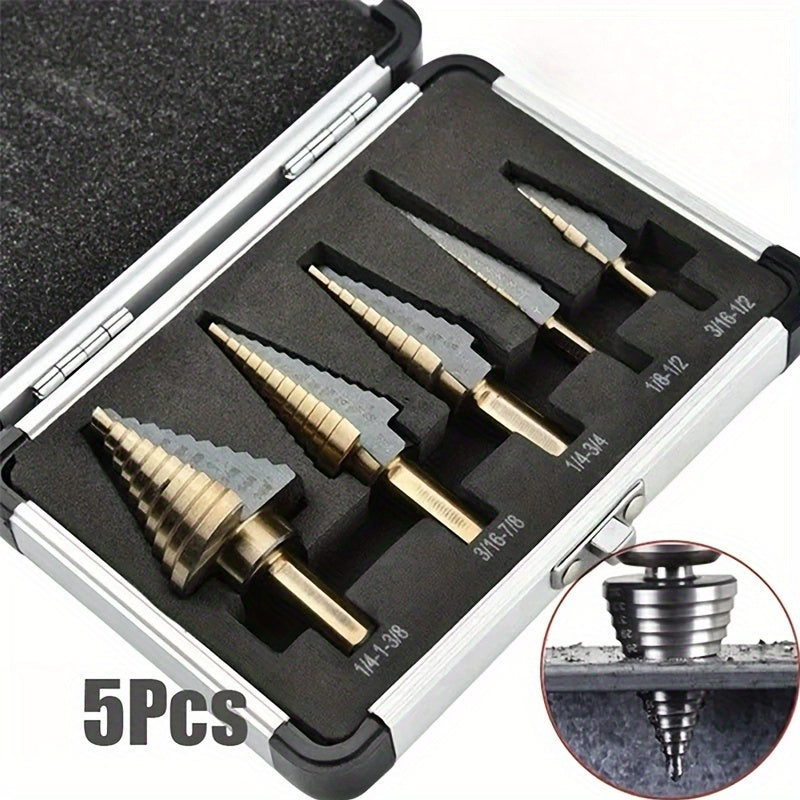 5pc Cobalt Step Drill Bit Set for Metal and Wood Drilling with Aluminum Case