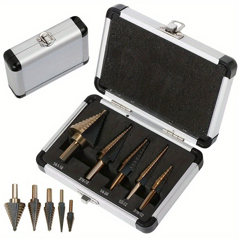5pc Cobalt Step Drill Bit Set for Metal and Wood Drilling with Aluminum Case