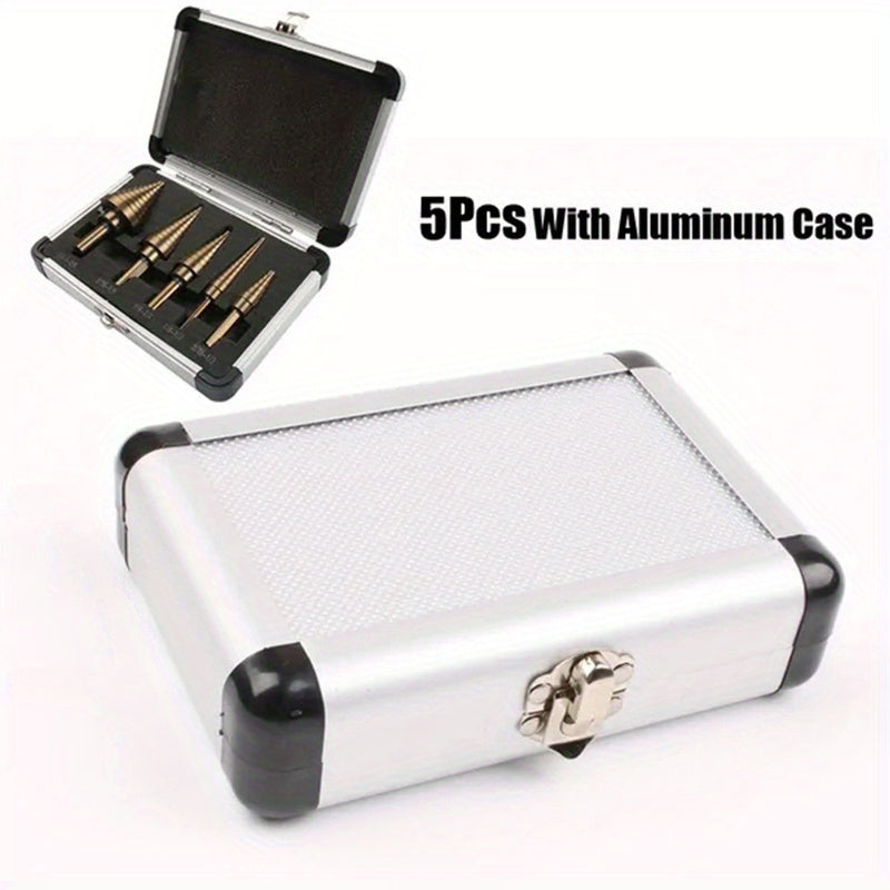 5pc Cobalt Step Drill Bit Set for Metal and Wood Drilling with Aluminum Case
