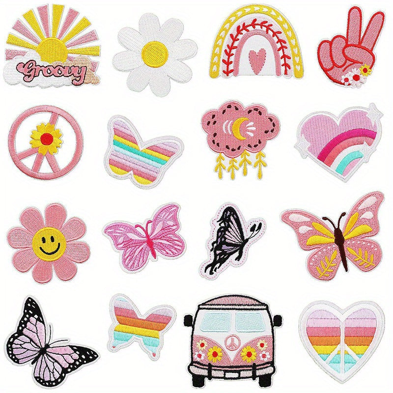 Set of 15/16 Pink Embroidered Iron-On Patches for Girls Clothing Jackets Jeans Backpack Hats