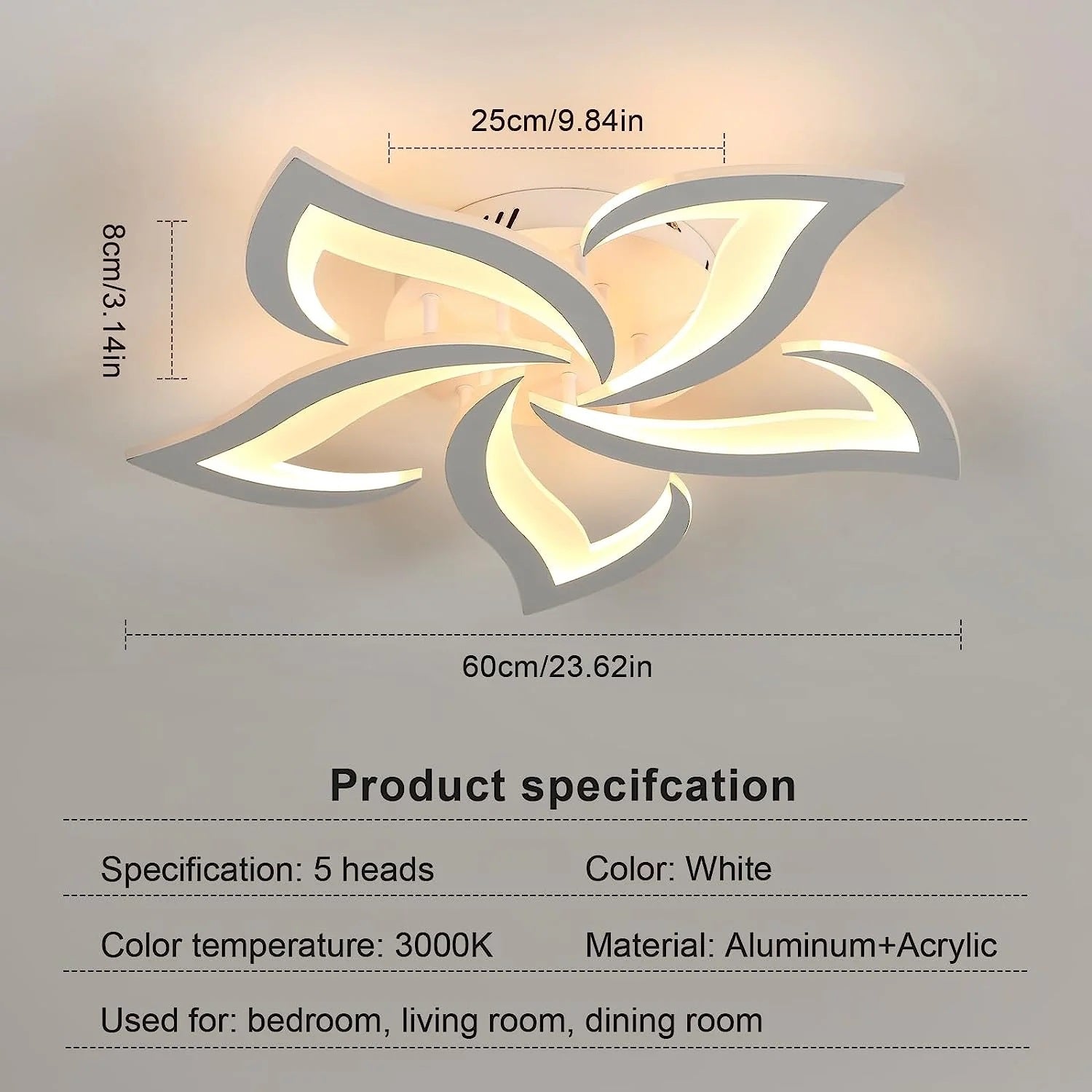 Zamonaviy petal dizayni bilan LED shift chirog'i, 60W, 4500 lumen, iliq oq 3000K, yog' bilan ishqalanadigan metall qoplama, qattiq simli, pagoda soyasi, plastik lampochka soyasi, 220V bir nechta xonalar uchun.