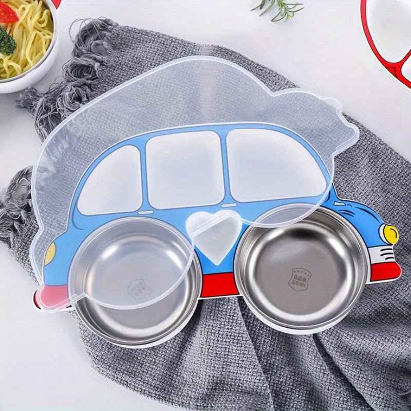 Kids Dinner Plate Set with Lid Stainless Steel Anti-Fall Red Blue