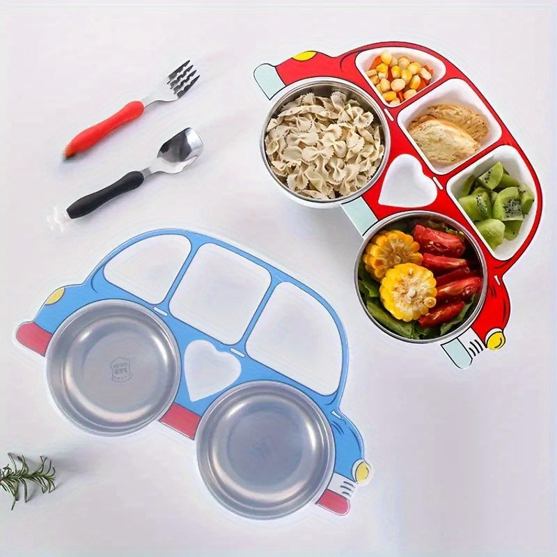Kids Dinner Plate Set with Lid Stainless Steel Anti-Fall Red Blue