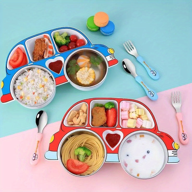 Kids Dinner Plate Set with Lid Stainless Steel Anti-Fall Red Blue