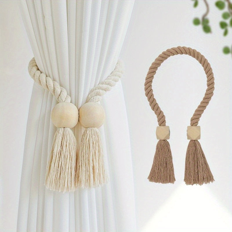 Set of 2 Magnetic Window Curtain Tiebacks with Wooden Tassels for Bedroom Living Room Kitchen