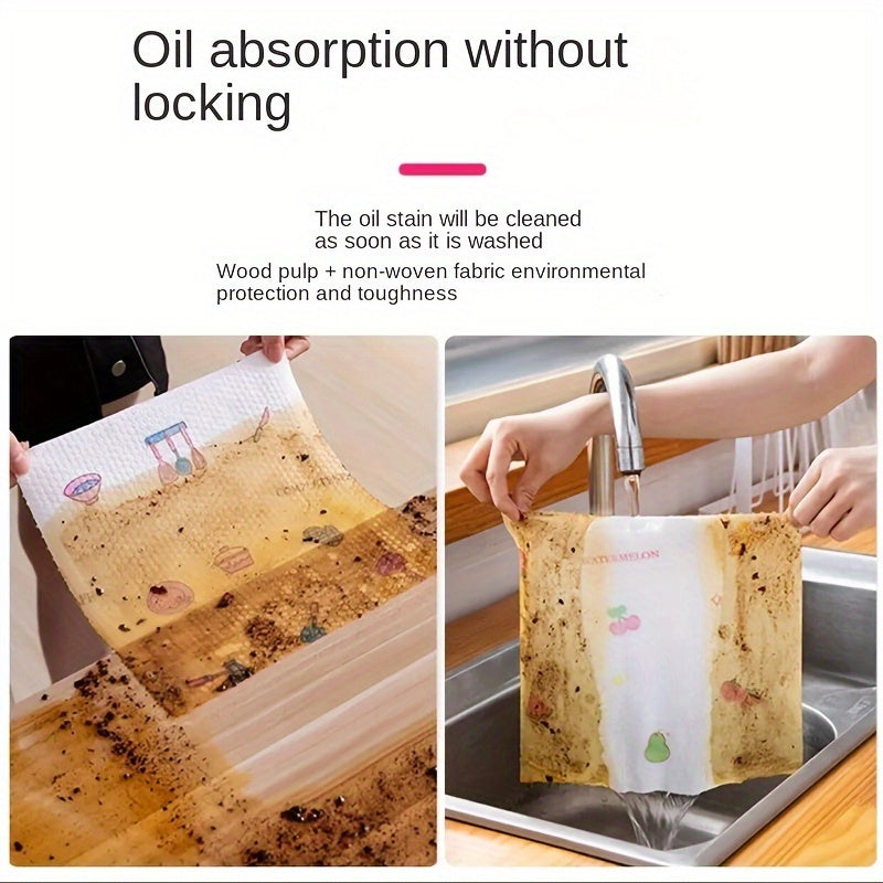 50 piezas de paños de limpieza de cocina con patrón de frutas y verduras, reutilizables y desechables