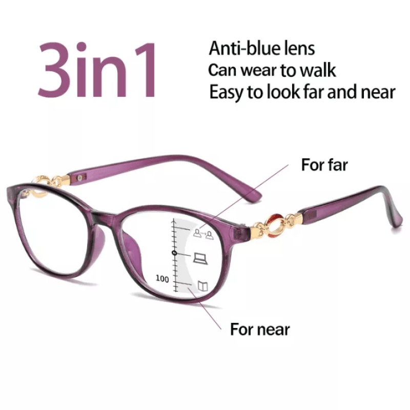 Women's 3-in-1 Progressive Multifocal Reading Glasses for Reading Computer Near Far Vision +1.0 to +4.0