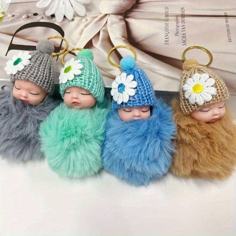 Juego de 7 adorables llaveros de muñecas de peluche durmientes con sombreros de lana para bolsos o decoración de coche