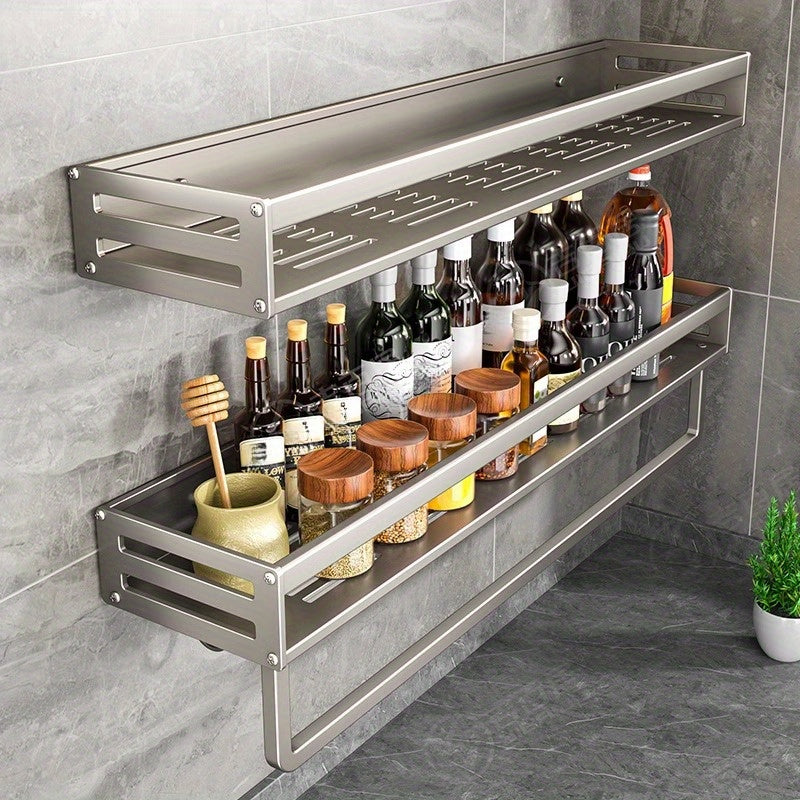 Wall-Mounted Kitchen Storage Rack with Seasoning Shelf and Utensil Holder