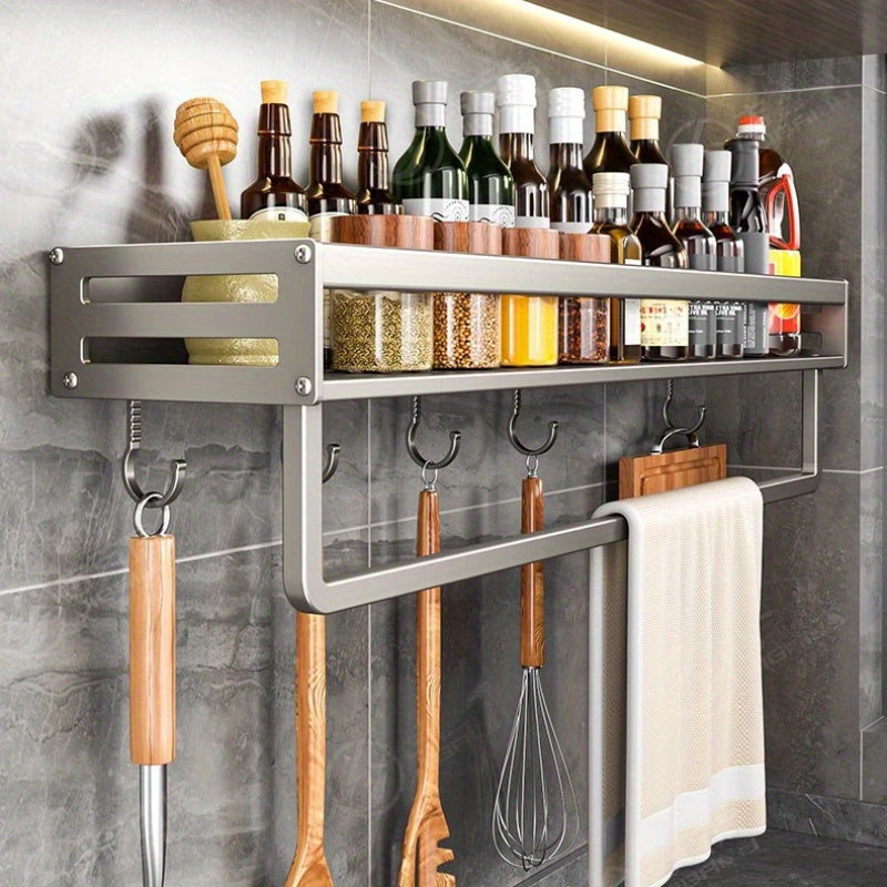 Wall-Mounted Kitchen Storage Rack with Seasoning Shelf and Utensil Holder