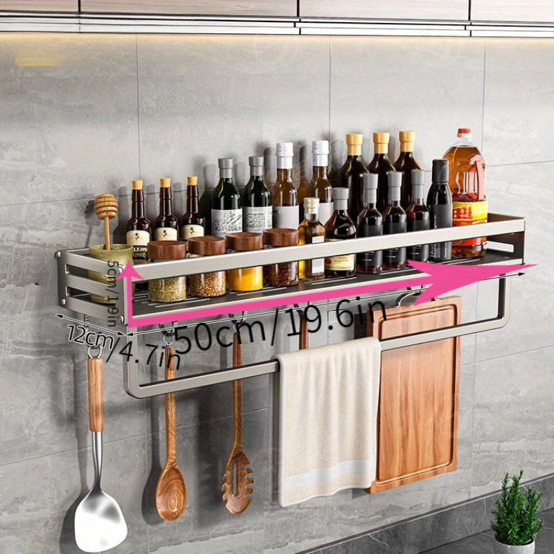 Wall-Mounted Kitchen Storage Rack with Seasoning Shelf and Utensil Holder
