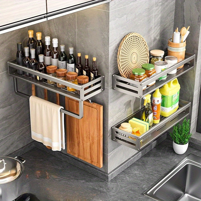 Wall-Mounted Kitchen Storage Rack with Seasoning Shelf and Utensil Holder