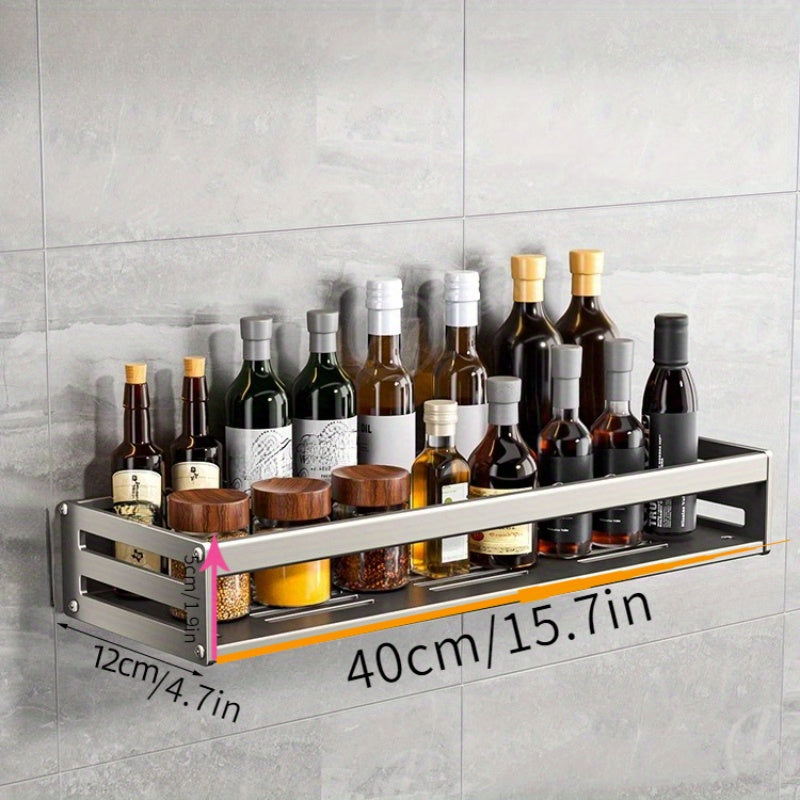 Wall-Mounted Kitchen Storage Rack with Seasoning Shelf and Utensil Holder