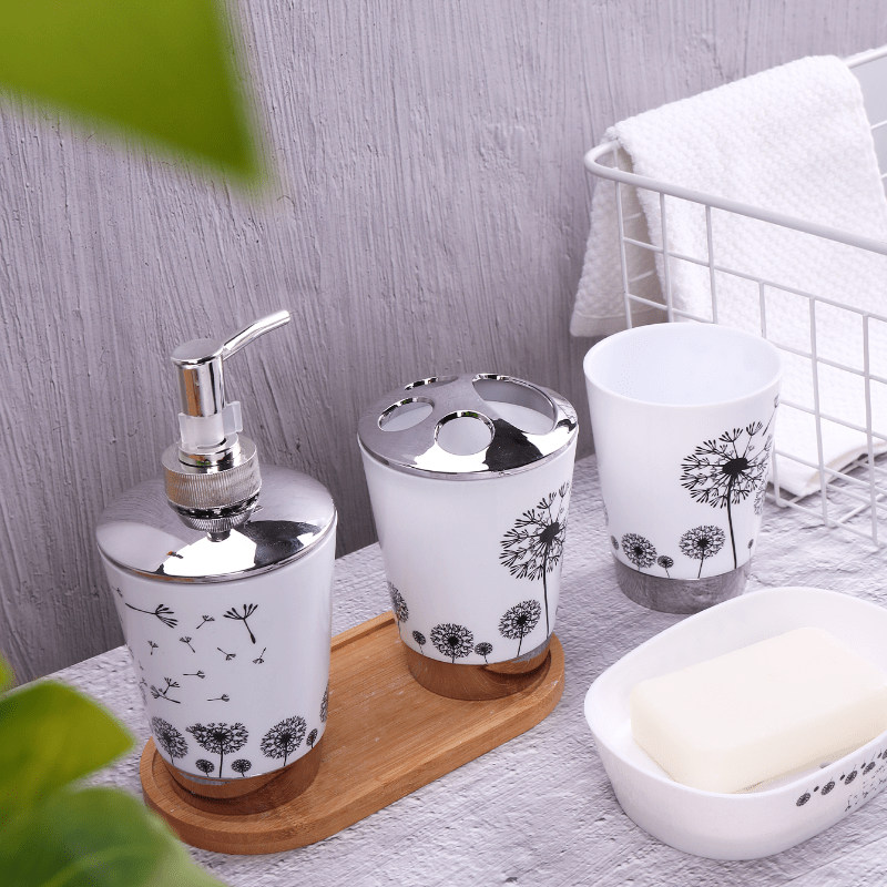 Dandelion Pattern Bathroom Accessories Set Dispenser Soap Dish Cup Holder for Decor or Gift