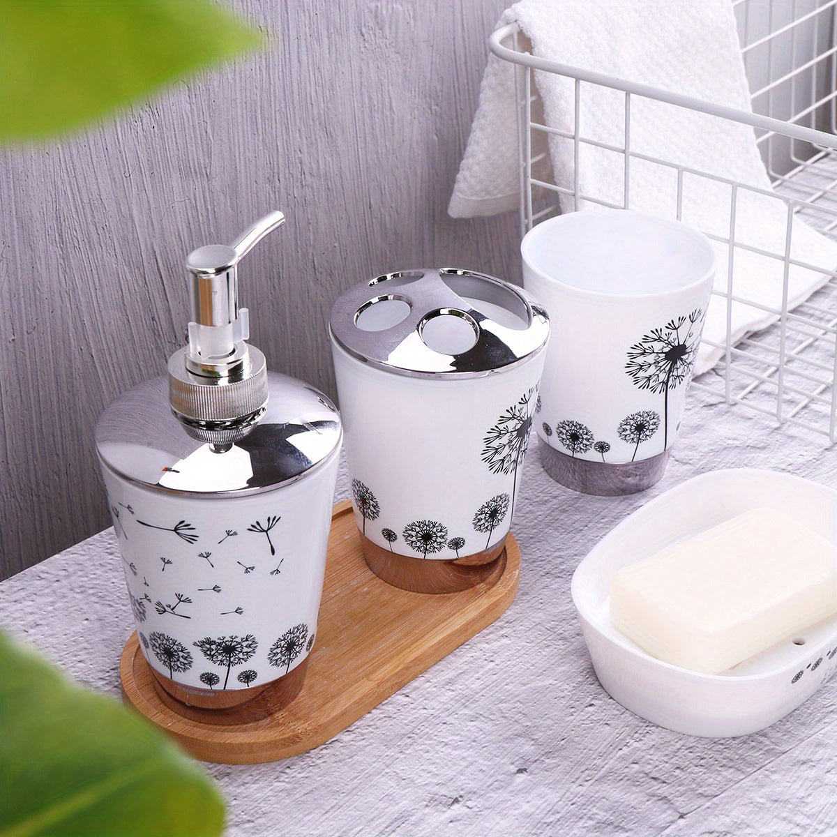 Dandelion Pattern Bathroom Accessories Set Dispenser Soap Dish Cup Holder for Decor or Gift