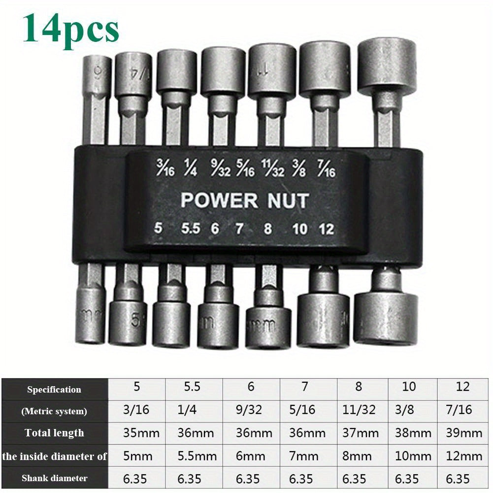 9/14pcs CRV Power Nut Driver Bits 1/4 Inch Hex Shank 5-13mm