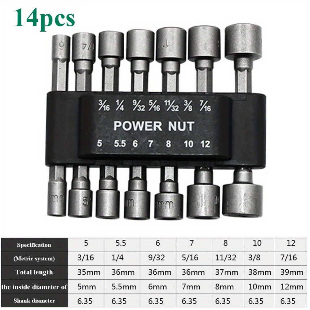 9/14pcs CRV Power Nut Driver Bits 1/4 Inch Hex Shank 5-13mm