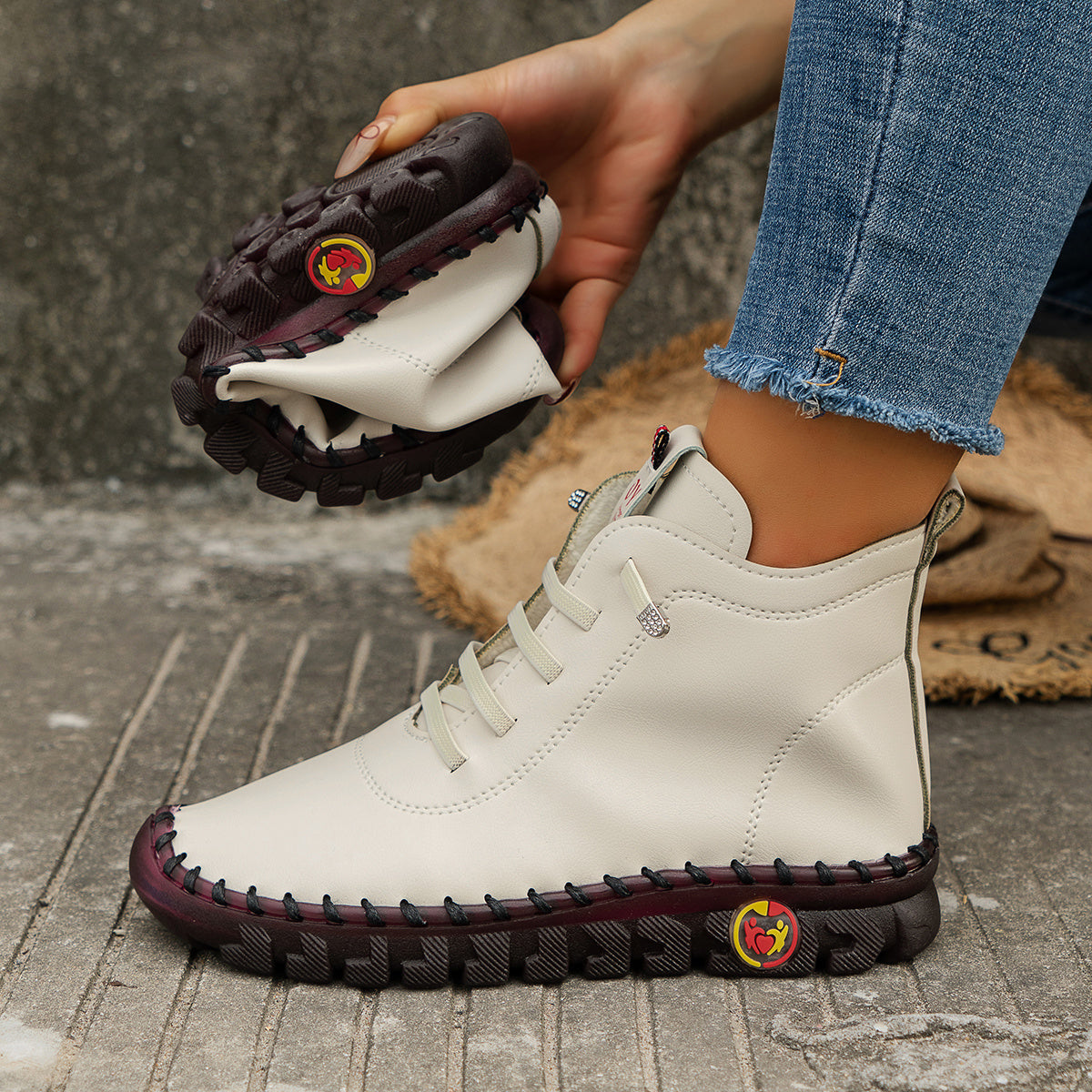 Women's Ankle Boots Solid Color Lace Up High Top Sneakers Casual Walking Flats