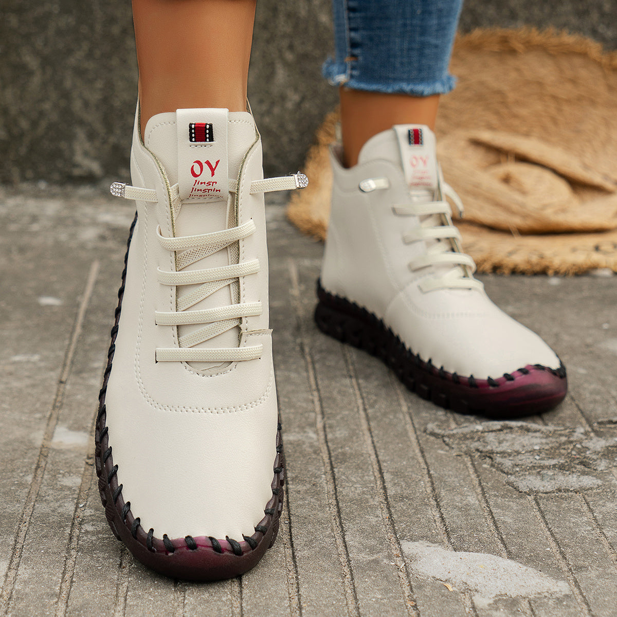 Women's Ankle Boots Solid Color Lace Up High Top Sneakers Casual Walking Flats