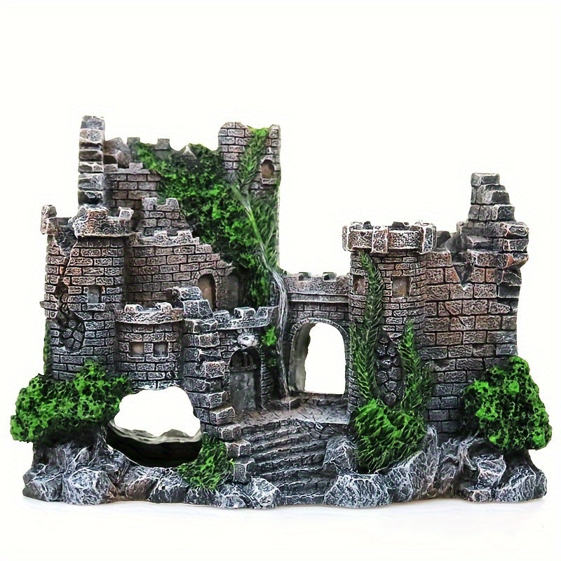 Medieval Castle Aquarium Ornament Resin with Moss Covered Stones Green Foliage and Wooden Bridge