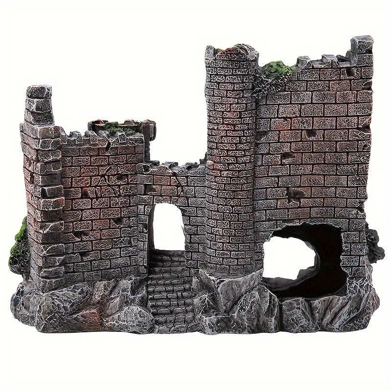Medieval Castle Aquarium Ornament Resin with Moss Covered Stones Green Foliage and Wooden Bridge