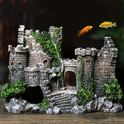 Medieval Castle Aquarium Ornament Resin with Moss Covered Stones Green Foliage and Wooden Bridge